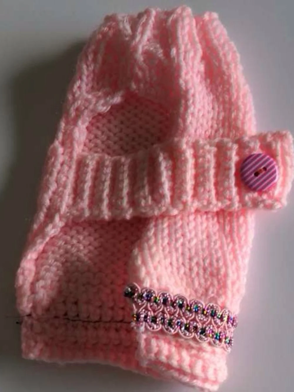 Pink Knit Kids Fingerless Gloves with Decorative Trim